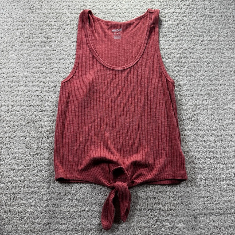Aerie Ribbed Tie Front Tank Top Terracotta Red Scoop Neck Sleeveless Medium